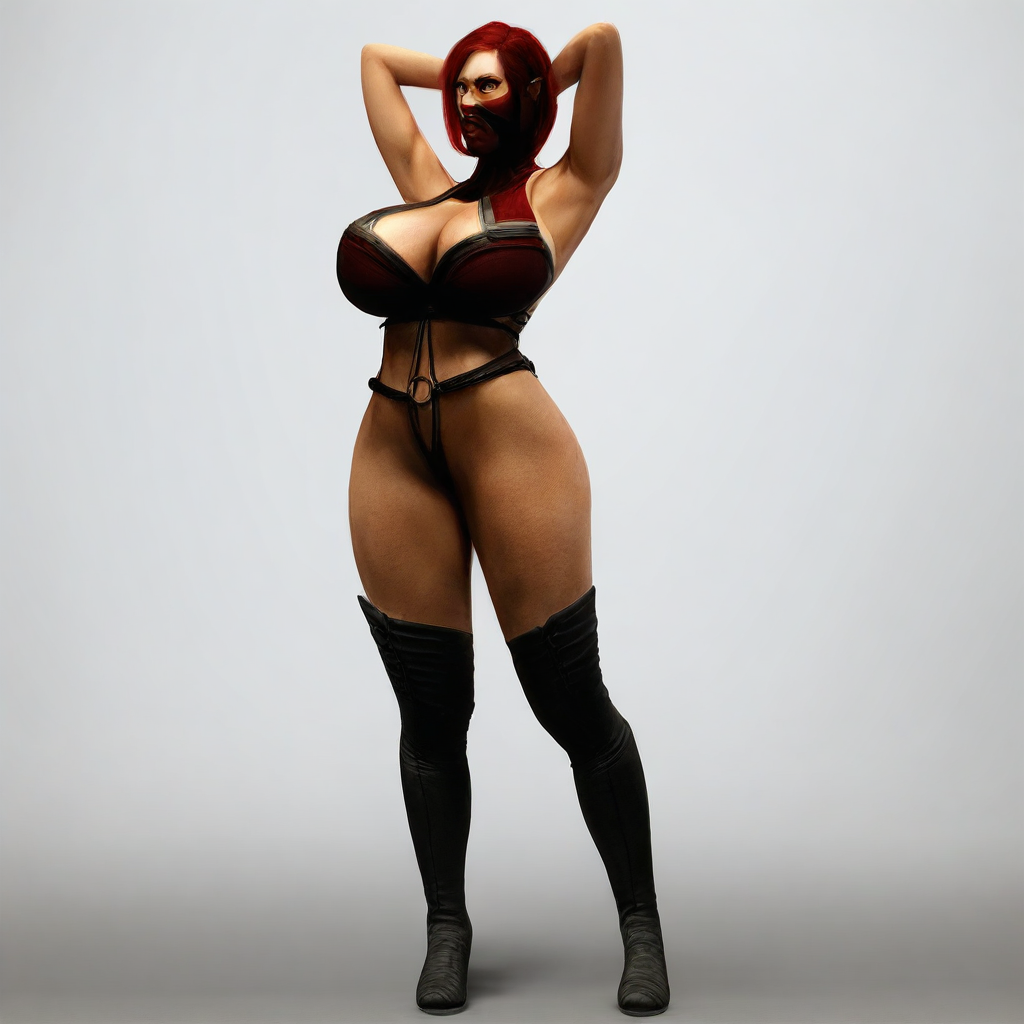 arms up, boots, realistic, red eyes, red lips, mask, green eyes, standing, huge breasts, barefoot