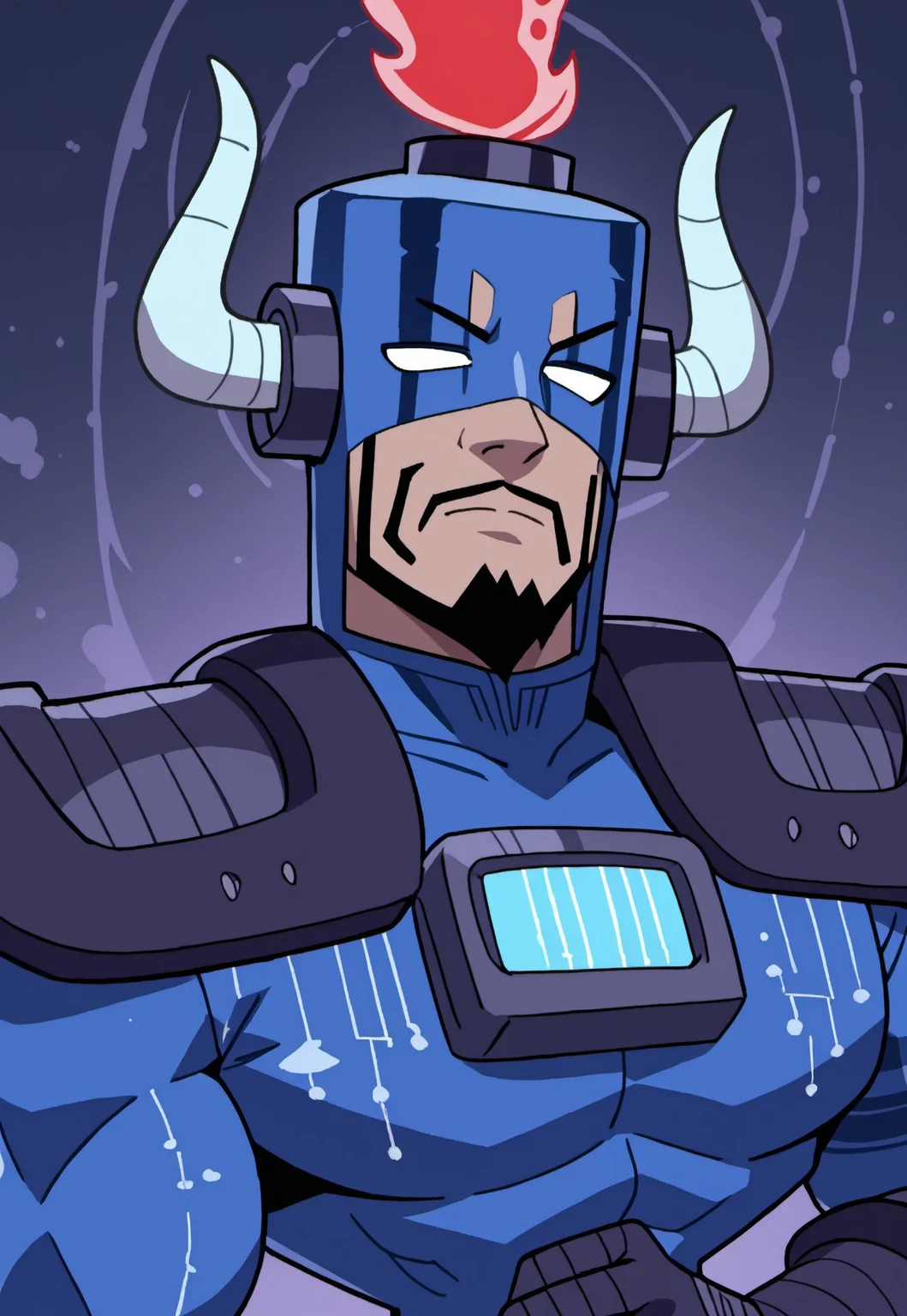 safe_pos, score_9, score_8_up, score_7_up, source_anime, rating_nsfw, ultra hd, absurdres, solo, masterpiece, best quality, best aesthetic, Expressiveh, wolfconf, 1boy
Villain Shirely, Facial Hair, Male, no pupils, Muscular, armour, helmet, horns, looking at viewer, detailed scenery