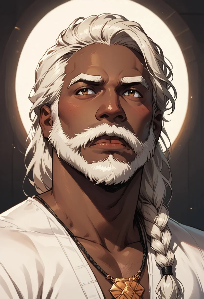 score_9, score_8_up, score_7_up, solo, solo focus, male focus, 1 boy, dark skin, dark-skinned male, whie hair, beard, facial hair, braid, braided beard, big beard, epic beard