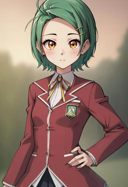 score_4,score_5,score_6,score_7_up,score_8_up,score_9
((masterpiece,best quality,ultra detailed,highres,HD,4k:1.2)),
(small breast:1.2),1 cute girl,solo,
Erika,lime green hair,very short hair,orange eyes,((hairpin)),parted bangs,
school uniform, red cardigan, black miniskirt,