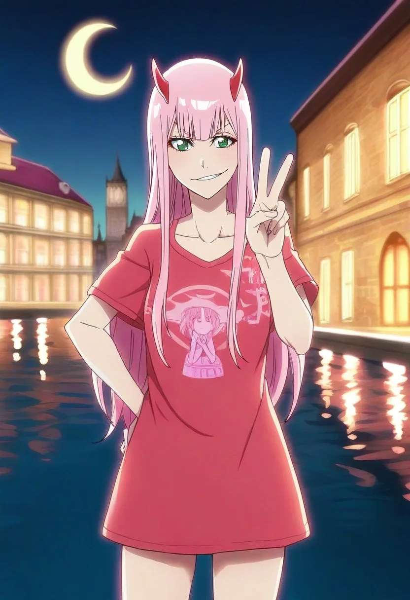 masterpiece, best quality, , , , , 1girl, zero two, pink hair, green eyes, horns, solo, cowboy shot, venice, gondola ride, night, crescent moon, v, peace sign, smirk, <lora:bleach_tybw_style_ilxl:1.02>, bleach_tybw_style,