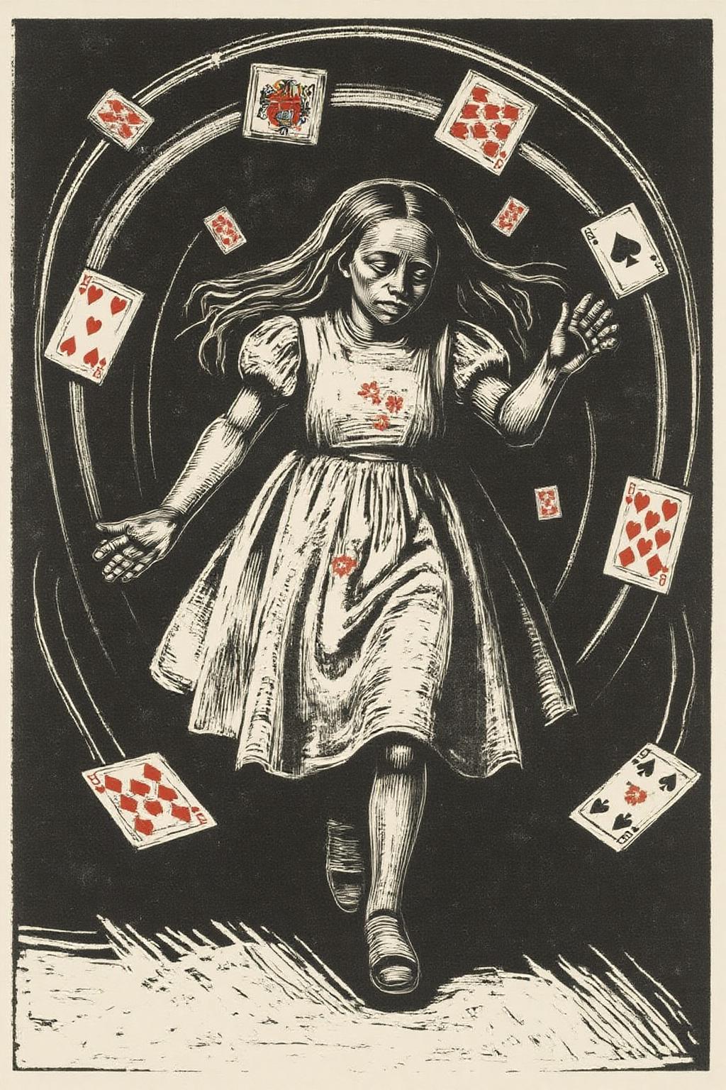 kako1 black and white woodcut print. 
A scene from "Alice's Adventures in Wonderland." The central figure is a young girl, Alice, with long, flowing brown hair, wearing a white dress adorned with small red flowers. She appears to be in mid-motion, as suggested by her raised arms and the scattered playing cards flying around her. The cards are a mix of hearts, diamonds, clubs, and spades, which are depicted in a chaotic, swirling pattern around her, adding to the sense of disarray and wonder. <lora:kako3_woodcut_cap_d6a3e11:1.0><lora:817689240034015748:0>