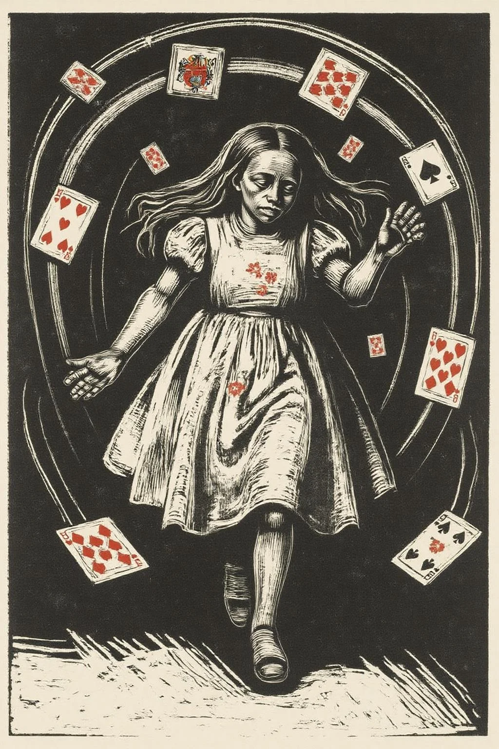 kako1 black and white woodcut print. 
A scene from "Alice's Adventures in Wonderland." The central figure is a young girl, Alice, with long, flowing brown hair, wearing a white dress adorned with small red flowers. She appears to be in mid-motion, as suggested by her raised arms and the scattered playing cards flying around her. The cards are a mix of hearts, diamonds, clubs, and spades, which are depicted in a chaotic, swirling pattern around her, adding to the sense of disarray and wonder. <lora:kako3_woodcut_cap_d6a3e11:1.0><lora:817689240034015748:0>