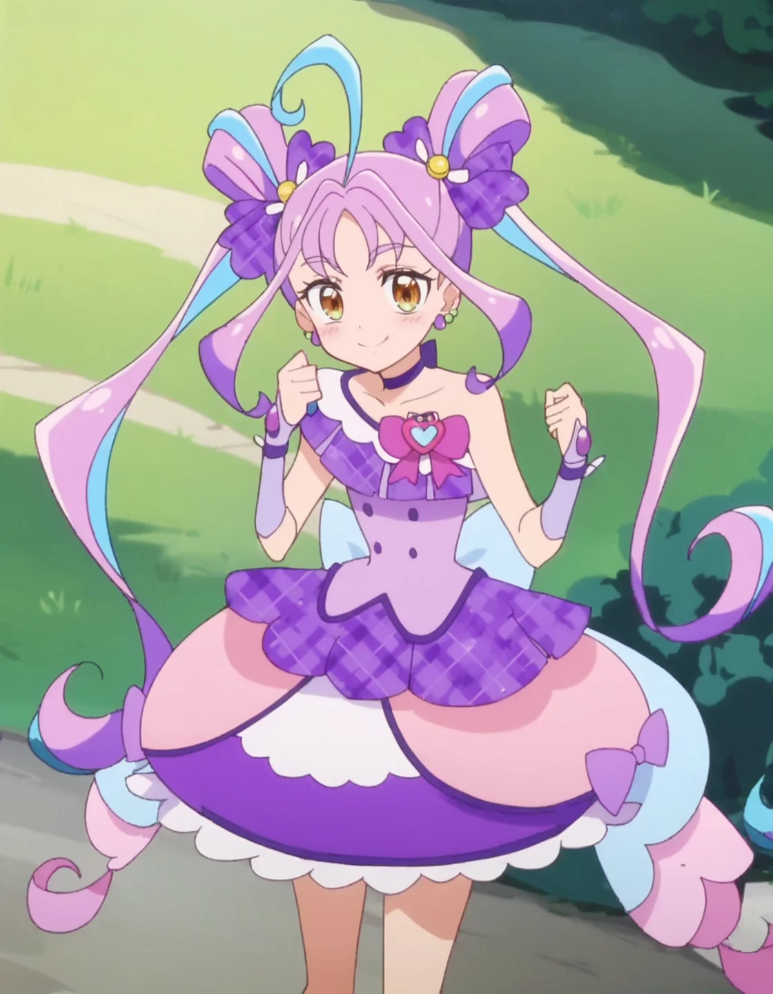 score_9, score_8_up, score_7_up, anime screencap,solo,1girl,curekyunkyun, purple choker, jewelry, dress, looking at viewer, magical girl, earrings, choker,dress, bow, wrist cuffs, hair ornament,small breasts,smile,blush<lora:curekyunkuyn_pony:0.8>