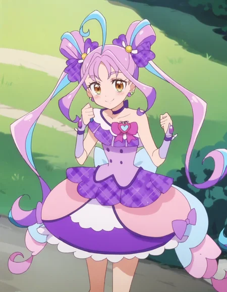 score_9, score_8_up, score_7_up, anime screencap,solo,1girl,curekyunkyun, purple choker, jewelry, dress, looking at viewer, magical girl, earrings, choker,dress, bow, wrist cuffs, hair ornament,small breasts,smile,blush<lora:curekyunkuyn_pony:0.8>
