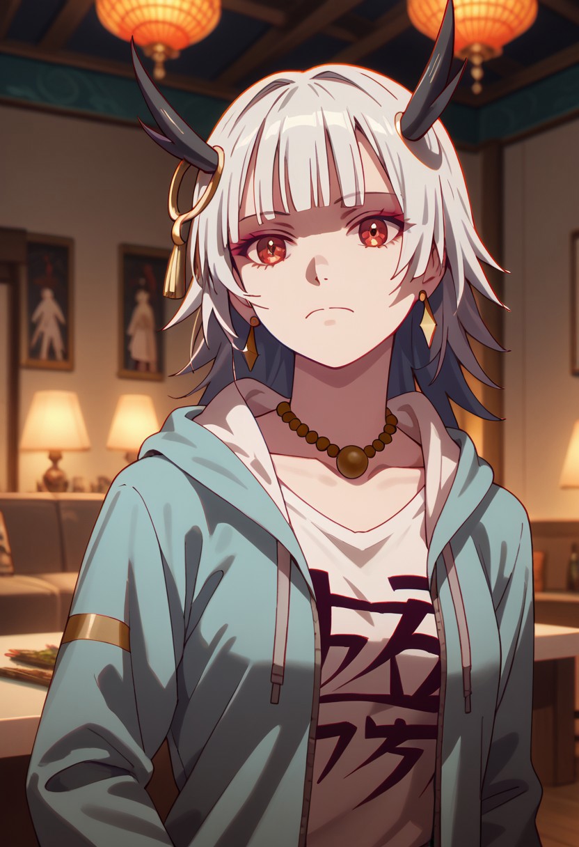 score_9,score_8_up,score_7_up,source_anime, OUROBOROS,1girl,solo,shirt,hair ornament,closed mouth,jewelry,jacket,collarbone,white shirt,upper body,earrings,open clothes,horns,indoors,hood,blunt bangs,necklace,hoodie,hair intakes,hood down,parody,meme,chromatic aberration,bead necklace,