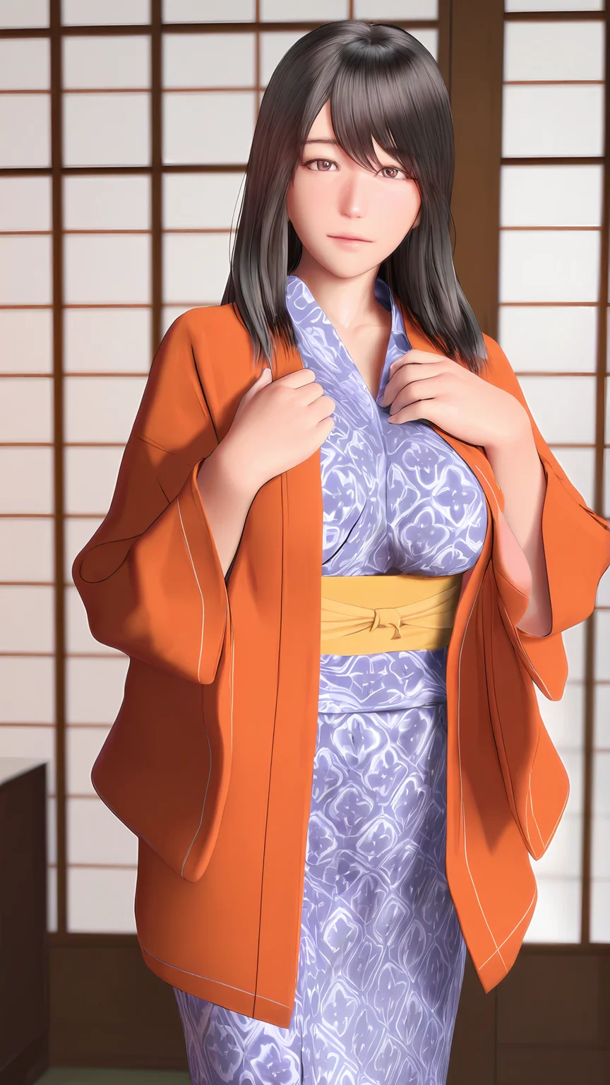 amazing quality,absurdres,best quality,masterpiece,highres,newest,detailed,detailed body,detailed face,masterpiece,best quality,solo,3d,realistic,
Kawase Shizue,1girl,solo,black hair, japanese clothes kimono, ,long hair,looking at viewer,brown eyes,breasts,<lora:Kawase Shizue:0.8>,