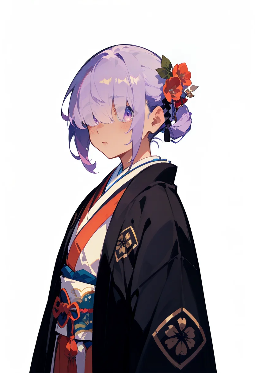 1girl, petite, purple hair, long hair, hair over eyes,
BREAK 1girl, fall in love,
BREAK kimono, japanese clothes, japan, japanese culture, (white background),
BREAK safe, masterpiece, best quality, very aesthetic, absurdres, highres, newest, <lora:ponyv5_noobV065S_1_adamW:0.7>, <lora:lora:0.4>, <lora:Unstable_v1.0_f:1>