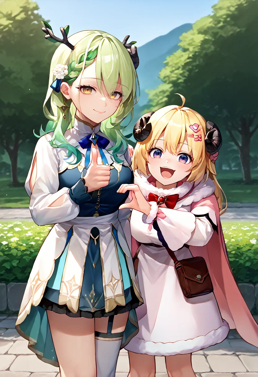 score_9, score_8_up, score_7_up, source_anime, 2girls, looking at viewer, heart hands duo, thumbs up, heart hands, outdoors, <lora:HeartHandsFailure_pdxl_Incrs_v1:0.55> BREAK
1girl, FaunaBase, smile, closed mouth, green hair, yellow eyes, mole under eye, antlers, long hair, braided bangs, hair flowers, blue ribbon, two-tone dress, blue dress, white dress, high-low skirt, single thighhigh, white thighhighs, <lora:ChamCeresFaunaPonyXL:0.8> BREAK
1girl, WatameBase, happy, open mouth, blonde hair, purple eyes, very long hair, ahoge, hairclip, fur-trimmed dress, short dress, red bowtie, detached sleeves, pouch, fur-trimmed cape, pink cape, <lora:ChamTsunomakiWatamePonyXL:0.8>