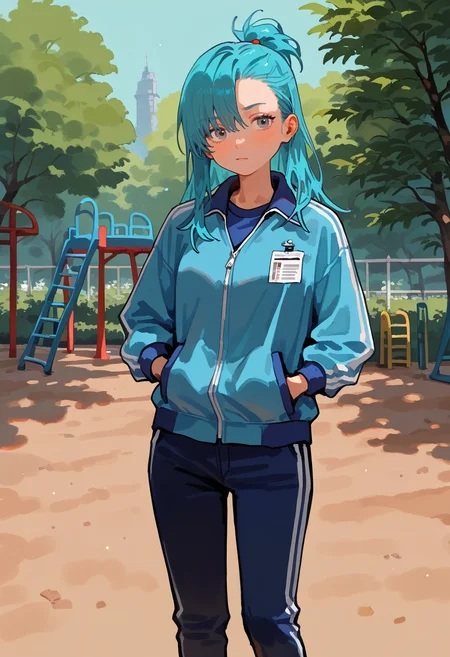 1girl,  aged down, blue hair,  long hair,   asymmetrical bangs,      body freakles, 
BREAK   1girl, standing, hands in pocket, pants,  sexually suggestive,       
BREAK                   Gym suit, bloomers,  school, Playground,     split lighting,  
BREAK general, masterpiece, best quality, absurdres, highres, newest, <lora:Muscicapidae_v1.0:0.85>