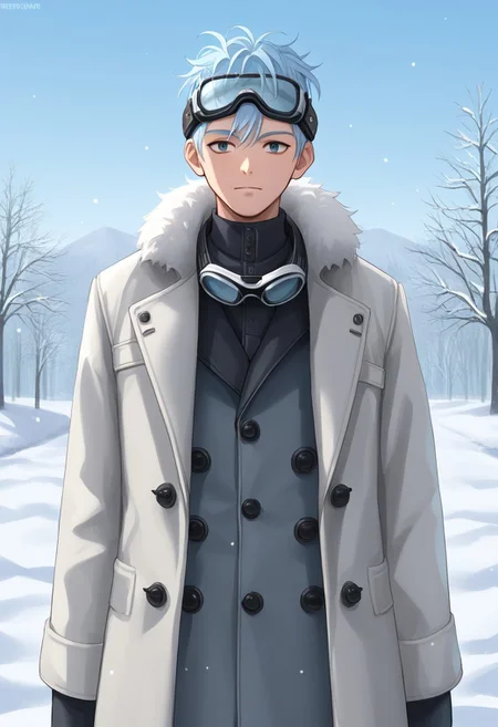 (source_anime, score_9, score_8_up, score_7_up:1), 1boy, solo, light blue hair, coat, goggles, looking at viewer, outdoors, snow