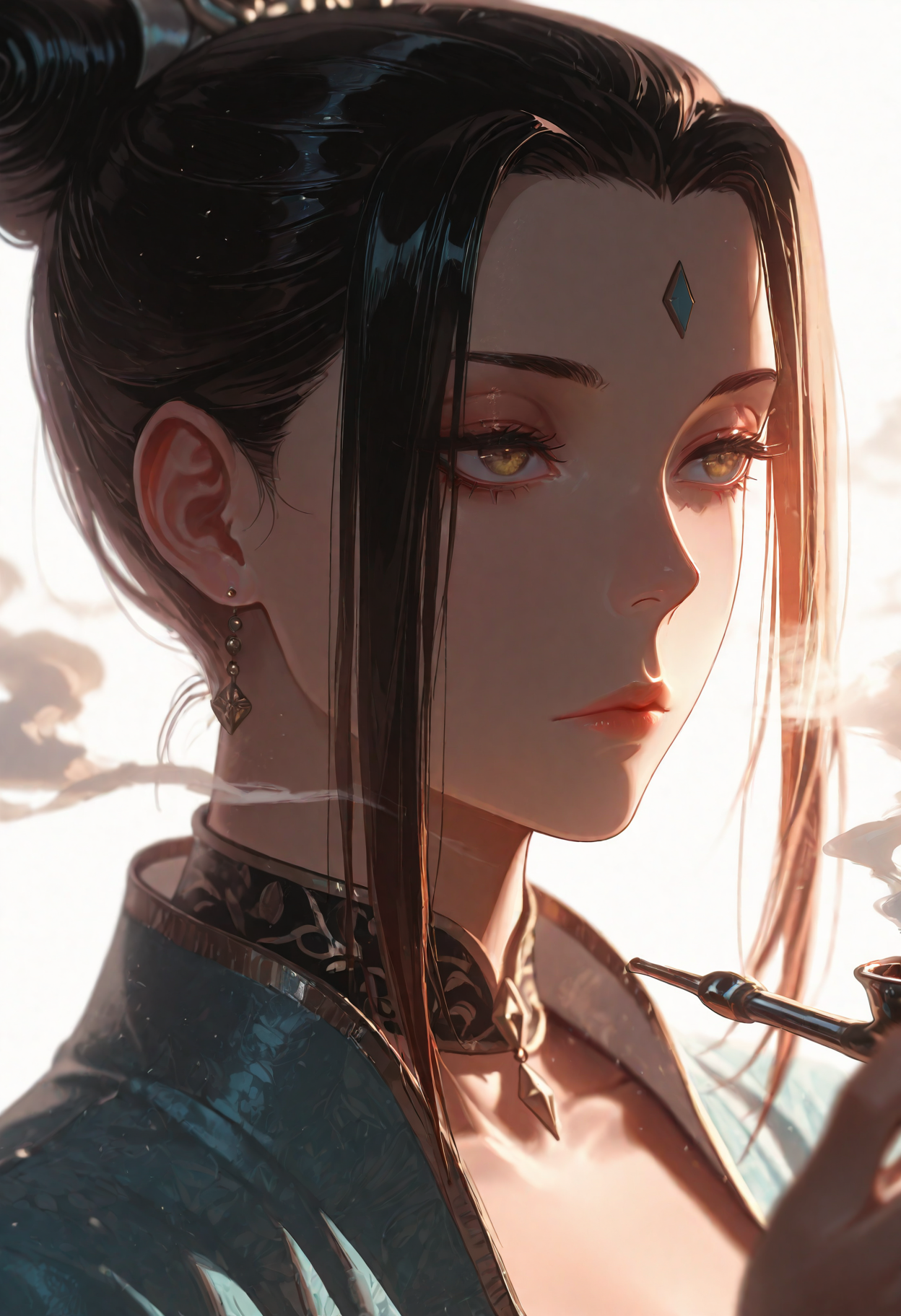 1girl, Su Qingge, border,expressionless,flower,hand up,holding,holding smoking pipe,hyur,kiseru,lace collar,portrait,smoke,smoking,smoking pipe,solo, white background,
(Smooth Quality - Illustrious:0.8), masterpiece,best quality,amazing quality, absurdres, (impressionism), ultra-HD, 8k, fit body, highest quality, volumetric lighting, (cinematic composition:1.3), (sharp focus:1.2), (depth of field:1.2), (adult), wide eyes, (mature female:1.2), very aesthetic, smooth image, action lines, motion lines, motion blur, (detailed face and eyes:1.3),
<lora:illustrious_quality_modifiers_masterpieces_v1:0.6>  <lora:ponyv4_noob1_2_adamW:0.4> <lora:FINALE:0.4>  <lora:I_Am_The_Fated_Villain:0.6> <lora:g0thicILL:0.4> <lora:USNR STYLE_XL_loha:0.3>
