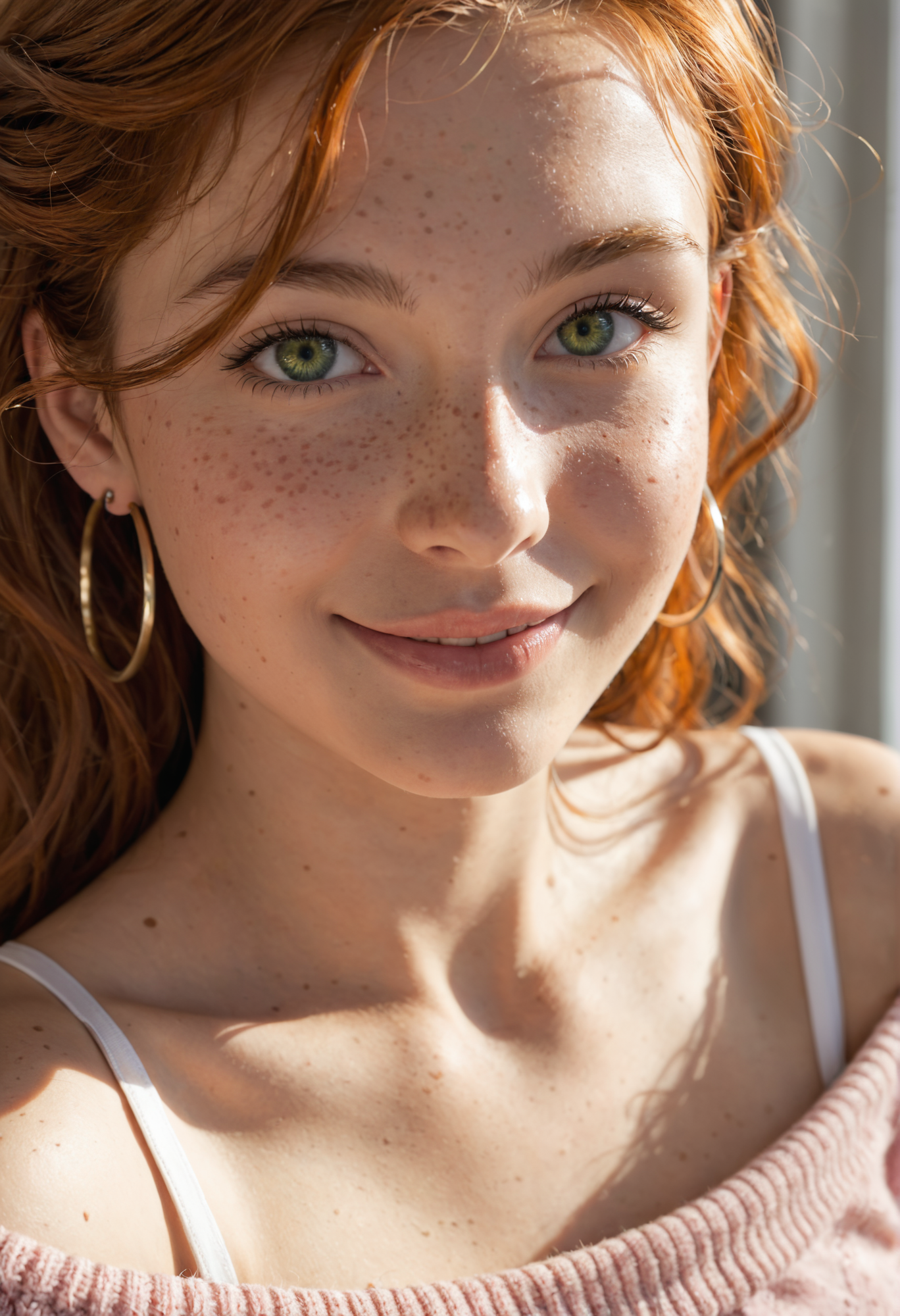 score_9, score_8_up, score_7_up, (masterpiece, best quality, ultra-detailed, realistic), 1 girl, tan skin, very freckles face, freckles body, short messy hair, ginger hair, blue high lights, pale pink sweater, hoop earrings, bare shoulders, (perfect emeral green eyes:1.2), head shot, close up, portrait, soft smile, slightly looking back at the viewer, sultry gaze, blurry background spring garden, <lora:Dramatic Lighting Slider:1.2>, (dramatic lighting:1.4), <lora:Add_Details_v1.2:1.5>, v
