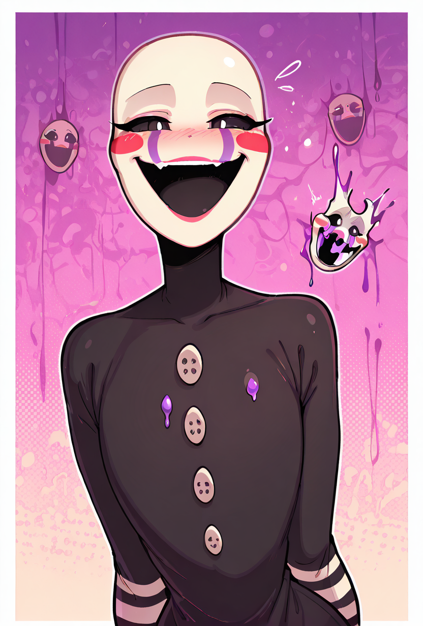 looking at viewer, expressive,   posing,    <lora:welwraith-guy90-Illust-Lycorisv1:1> welith, curvy, <lora:puppet-10:1> puppet, solo, 1girl, mask, black bodysuit, smile, open mouth, blush stickers, striped, purple tear streaks, masterpiece, best quality, amazing quality, very aesthetic, absurdres, newest,, upper body, halftone effect, white borders, abstract background:1.2,