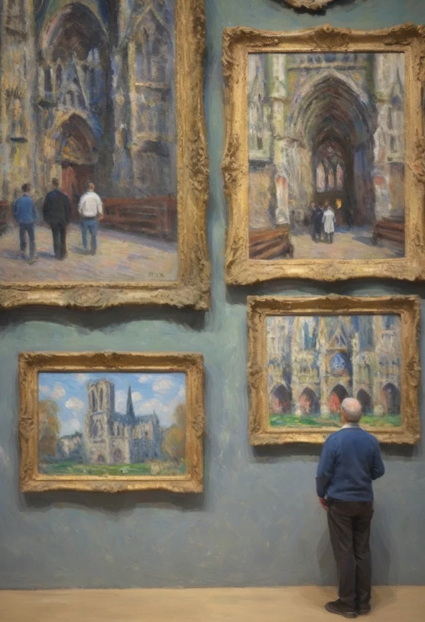 impressionist painting a museum-goer appreciating Monet's paintings of Rouen cathedral in an ornate frame on the museum wall