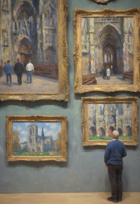 impressionist painting a museum-goer appreciating Monet's paintings of Rouen cathedral in an ornate frame on the museum wall
