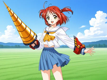 general,highres, ultra-detailed,very aesthetic,best quality ,best hands, BREAK <lora:Megumi_Spiral_NAMI_IS:1>
Drill_Megumi, 1girl, drill, weapon, drill arms, red hair, short hair, brown eyes, hair bobbles, hair ornament, two side up,
BREAK,
solo, school uniform, serafuku, blue skirt, long sleeves,
open mouth, smile, pleated skirt, looking at viewer, ã2000s \(style\),
smile,looking at viewer, cowboy_Shot,
grass, sky,