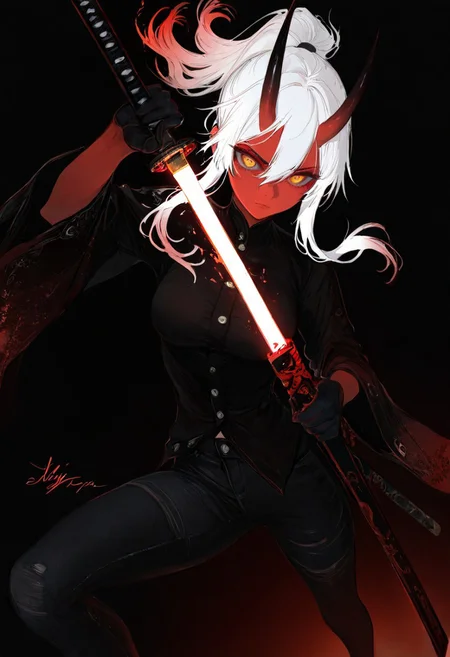 simple background, signature, wide sleeves, black background, ,4ki4k4ne_illu, XUER guangying,
BREAK
(sexy, slutty, hot, aroused), HDR, high contrast , masterpiece, best quality, very aesthetic, high resolution, ultra-detailed, absurdres,volumetric lighting, dramatic shadows, cinematic lighting, newest,illustration, perfect composition,perspective,incredibly absurdres,cute, nsfw, raytracing,soft lightin, highly detailed,Dutch angle,
BREAK
Aka-Oni, oni, colored skin, (red skin:1.3), smooth horns, black horns, long hair, floating hair,
BREAK
96YOTTEA, 1girl, solo, looking at viewer, white hair, hair between eyes, long side locks, slightly disheveled hair, ponytail, black shirt with buttons, black gloves, weapon, black jeans, holding katana, black thighsocks, blood, katana, sheath, fighting stance, darkness, red gradient, calm hate, numb emotions, tired eyes, medium breasts, unsheathing katana, about to attack, dutch angle, perspective, fisheye effect, close-in, focus on blade, shiny blade, v-shaped eyebrows, glowing background, blood blash