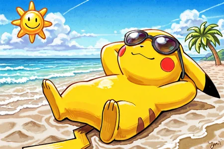 highres, incredible quality, 2d, watercolor, detailed face:1, detailed hands, good anatomy,((ynistyle)), solo, 1boy, pikachu, relaxing, smile, closed mouth, lying on sand, smiley sun, sun, palmtrees, beach, arms behind head, lying down, ocean, sunglasses, wearing sun glasses, straw house, black sun glasses, sky, clouds