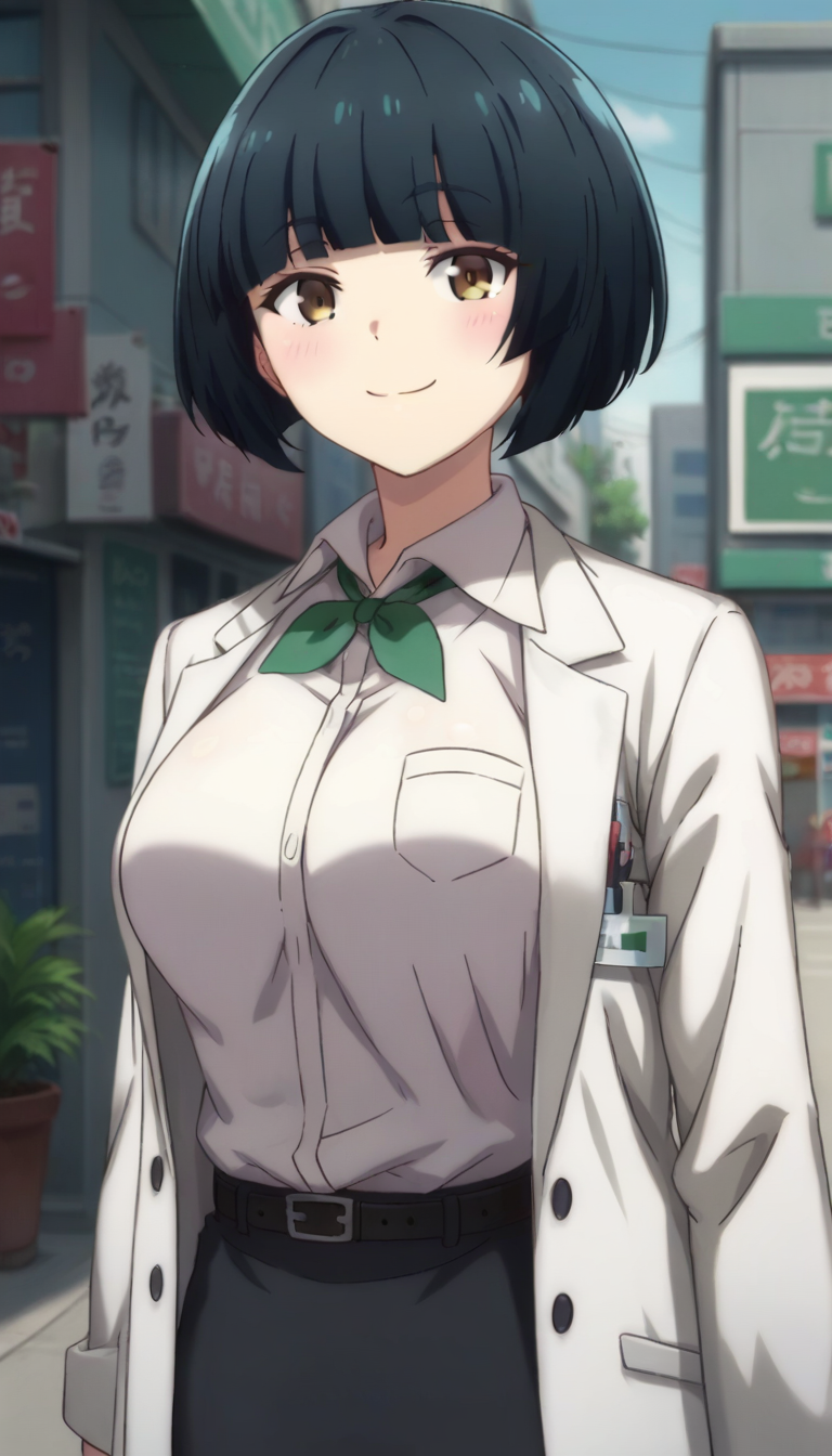 score_9,score_8_up,score_7_up,score_6_up BREAK official art,solo,outdoors,upper body,looking at viewer,facing viewer,smile,blush,Ubukata,short hair,black hair,bob cut,blunt bangs,brown eyes,labcoat,green bowtie,white shirt,collared shirt,dress shirt,long sleeves,medium breasts,skindentation,shirt tucked in,belt,pencil skirt,black skirt,high heels,black footwear,<lora:Ubukata(rf)-Pony:1.4>,