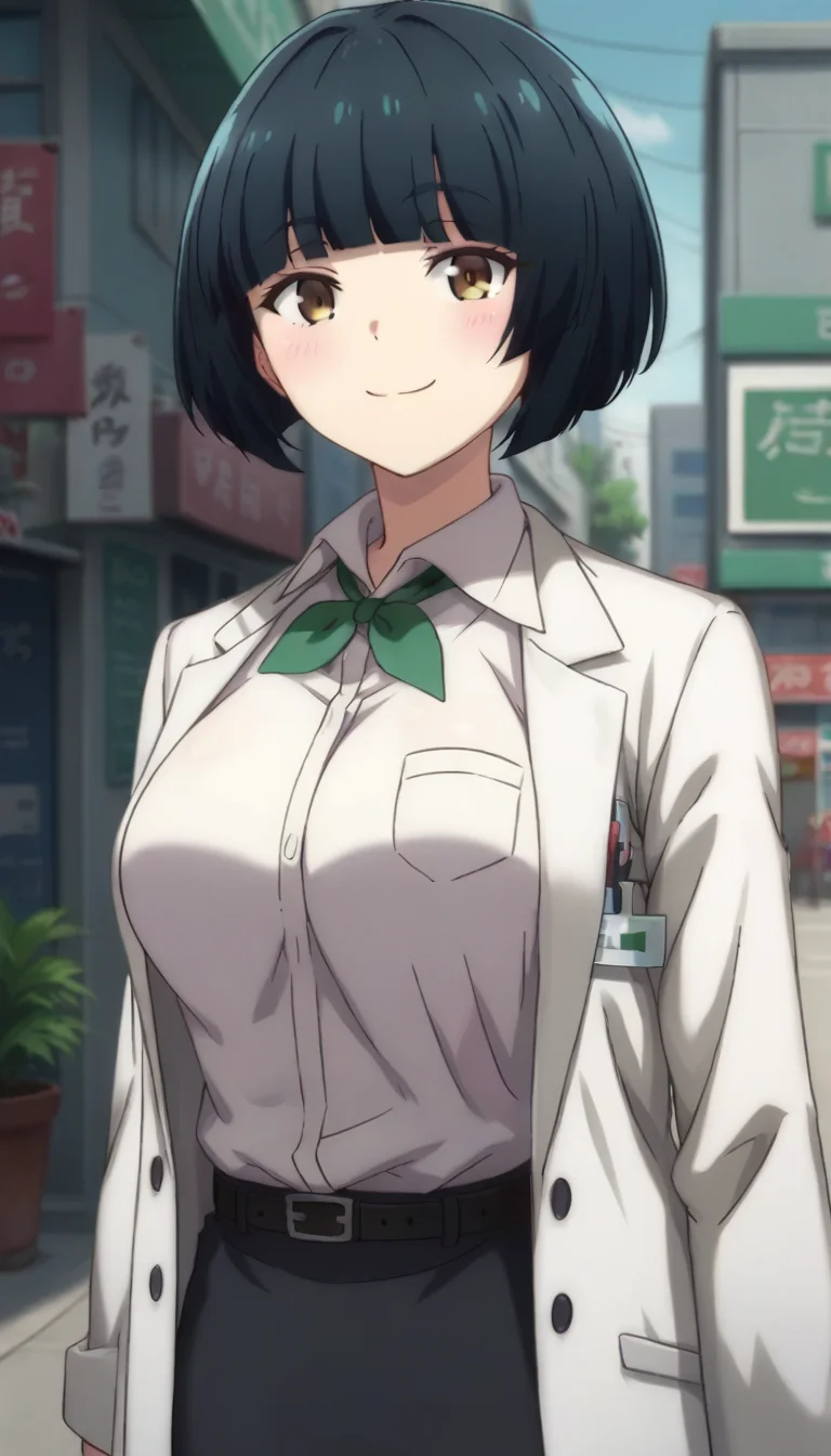 score_9,score_8_up,score_7_up,score_6_up BREAK official art,solo,outdoors,upper body,looking at viewer,facing viewer,smile,blush,Ubukata,short hair,black hair,bob cut,blunt bangs,brown eyes,labcoat,green bowtie,white shirt,collared shirt,dress shirt,long sleeves,medium breasts,skindentation,shirt tucked in,belt,pencil skirt,black skirt,high heels,black footwear,<lora:Ubukata(rf)-Pony:1.4>,