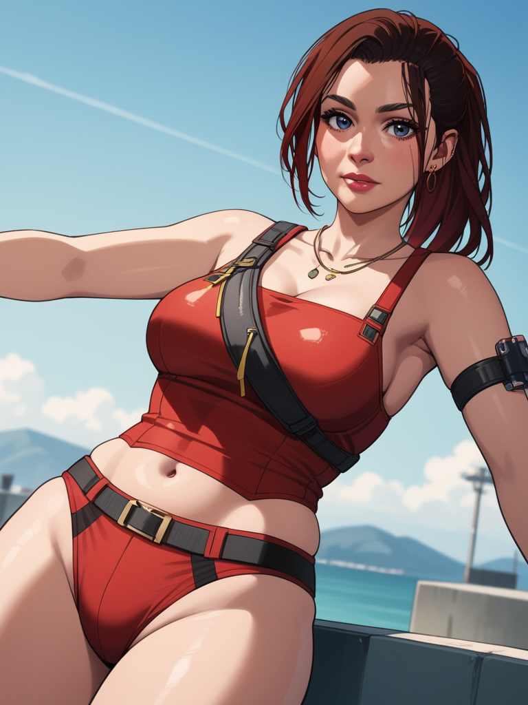 score_9, score_8_up, score_7_up, source_anime, cartoon, manga, candid, <lora:Claire_Russell-000008:.58>, claire russell, cyberpunk 2077, claire2077, a woman with red hair and (red sheer swimsuit), (panty bulge), curvy, soft body, (softy tummy), skindentation, looking at viewer, lipgloss, (perfect face)