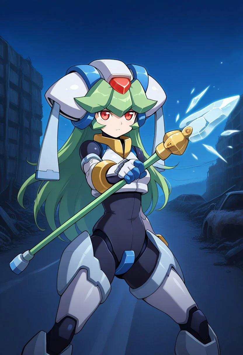 1girl, solo, pandorazxa, transformedform, android, green hair, long hair, red eyes, helmet, crop top, bodysuit, armor, armored gloves, armored boots, bracelet, anklet, holding staff, outdoors, highway, wreckage, ruins, night, serious, cowboy shot, dynamic pose, fighting stance, ice magic,