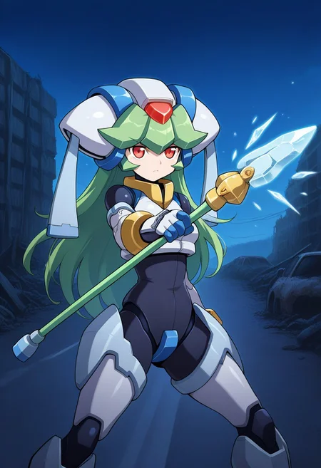 1girl, solo, pandorazxa, transformedform, android, green hair, long hair, red eyes, helmet, crop top, bodysuit, armor, armored gloves, armored boots, bracelet, anklet, holding staff, outdoors, highway, wreckage, ruins, night, serious, cowboy shot, dynamic pose, fighting stance, ice magic,