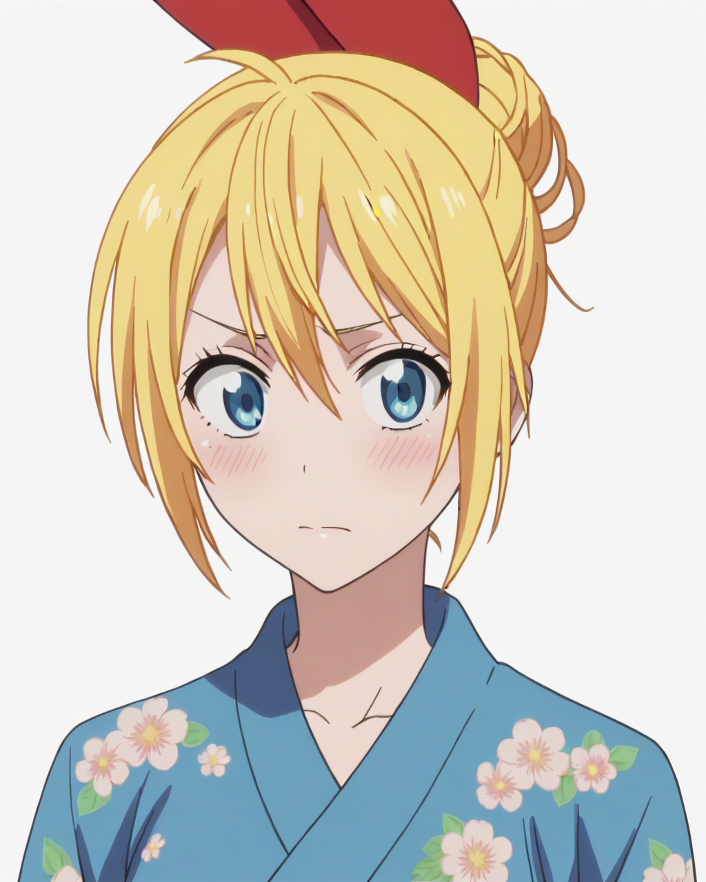 score_9, score_8_up, score_7_up, best quality, masterpiece, anime, anime screencap, anime coloring, looking at viewer, 1girl, solo, upper body, (simple background, solid white background:1.3), <lora:chitoge-nisekoi:0.8>, chitoge kirisaki, hair bun, hair ribbon, blue kimono, floral print, closed mouth, blush