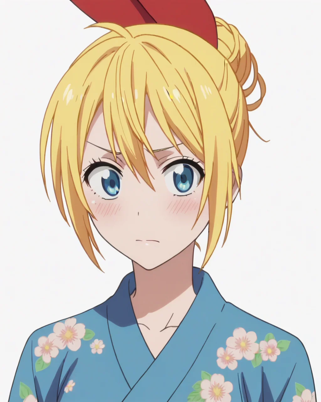 score_9, score_8_up, score_7_up, best quality, masterpiece, anime, anime screencap, anime coloring, looking at viewer, 1girl, solo, upper body, (simple background, solid white background:1.3), <lora:chitoge-nisekoi:0.8>, chitoge kirisaki, hair bun, hair ribbon, blue kimono, floral print, closed mouth, blush