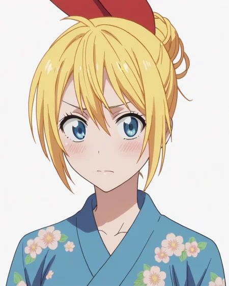 score_9, score_8_up, score_7_up, best quality, masterpiece, anime, anime screencap, anime coloring, looking at viewer, 1girl, solo, upper body, (simple background, solid white background:1.3), <lora:chitoge-nisekoi:0.8>, chitoge kirisaki, hair bun, hair ribbon, blue kimono, floral print, closed mouth, blush