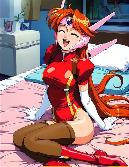 <lora:pony_xl_kyoko:0.8>,kyoko,score_9,score_8_up,score_7_up,source_anime,1girl,smile,laughing,headgear,red dress,leotard,short sleeves,white elbow gloves,brown pantyhos,boots,red footwear,indoor,bedroom,bed_sheet,cowboy_shot,sitting,