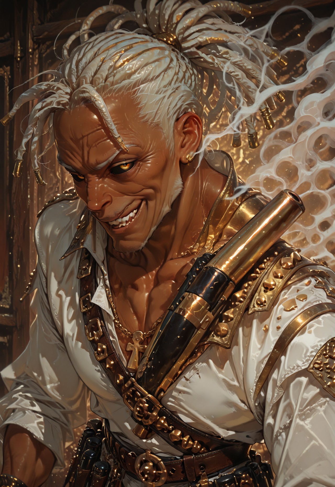 1boy, (solo), ((dark choco skin)), ((white short dreadlocks hair)), ((rich medieval  clothes, gold lines, )), (little muscular body), evil smirk, stand pose, ((old men)), ((wrinkles face)), BREAK,  from above, dynamic poses, half body view, (gold shotgun in hand, gun are pointed to the sides, smoke gun), epic pose, (black sclera, white pupils), ( bullets belt on chest), 
HDR, 8k, high contrast, masterpiece, best quality, amazing quality, very aesthetic, high resolution, ultra-detailed, absurdres, perfect lighting, volumetric lighting, dramatic shadows, cinematic lighting, (sharp image), more detail XL, scenery, (perfect anatomy, perfect hand anatomy, perfect  face anatomy, perfect eyes anatomy, perfect mouth anatomy), perfect lighting, (sharp image), perfect anatomy, Focus face, (sharp focus), ILXLpos, old male, G0thicL1nes, ภารโรงHD,  Little Grey Hair, DLPT-V1.0, dreadlocks, 