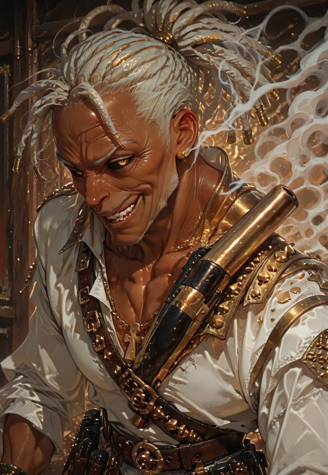 1boy, (solo), ((dark choco skin)), ((white short dreadlocks hair)), ((rich medieval clothes, gold lines, )), (little muscular body), evil smirk, stand pose, ((old men)), ((wrinkles face)), BREAK, from above, dynamic poses, half body view, (gold shotgun in hand, gun are pointed to the sides, smoke gun), epic pose, (black sclera, white pupils), ( bullets belt on chest),
HDR, 8k, high contrast, masterpiece, best quality, amazing quality, very aesthetic, high resolution, ultra-detailed, absurdres, perfect lighting, volumetric lighting, dramatic shadows, cinematic lighting, (sharp image), more detail XL, scenery, (perfect anatomy, perfect hand anatomy, perfect face anatomy, perfect eyes anatomy, perfect mouth anatomy), perfect lighting, (sharp image), perfect anatomy, Focus face, (sharp focus), ILXLpos, old male, G0thicL1nes, ภารโรงHD, Little Grey Hair, DLPT-V1.0, dreadlocks,