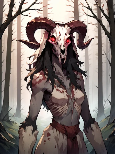 score_9, score_8_up, score_7_up, score_6_up, score_5_up, <lora:wendigoXLP:1> wendigo, horns, 1girl, animal skull, monster, no humans, solo, red eyes, forest,