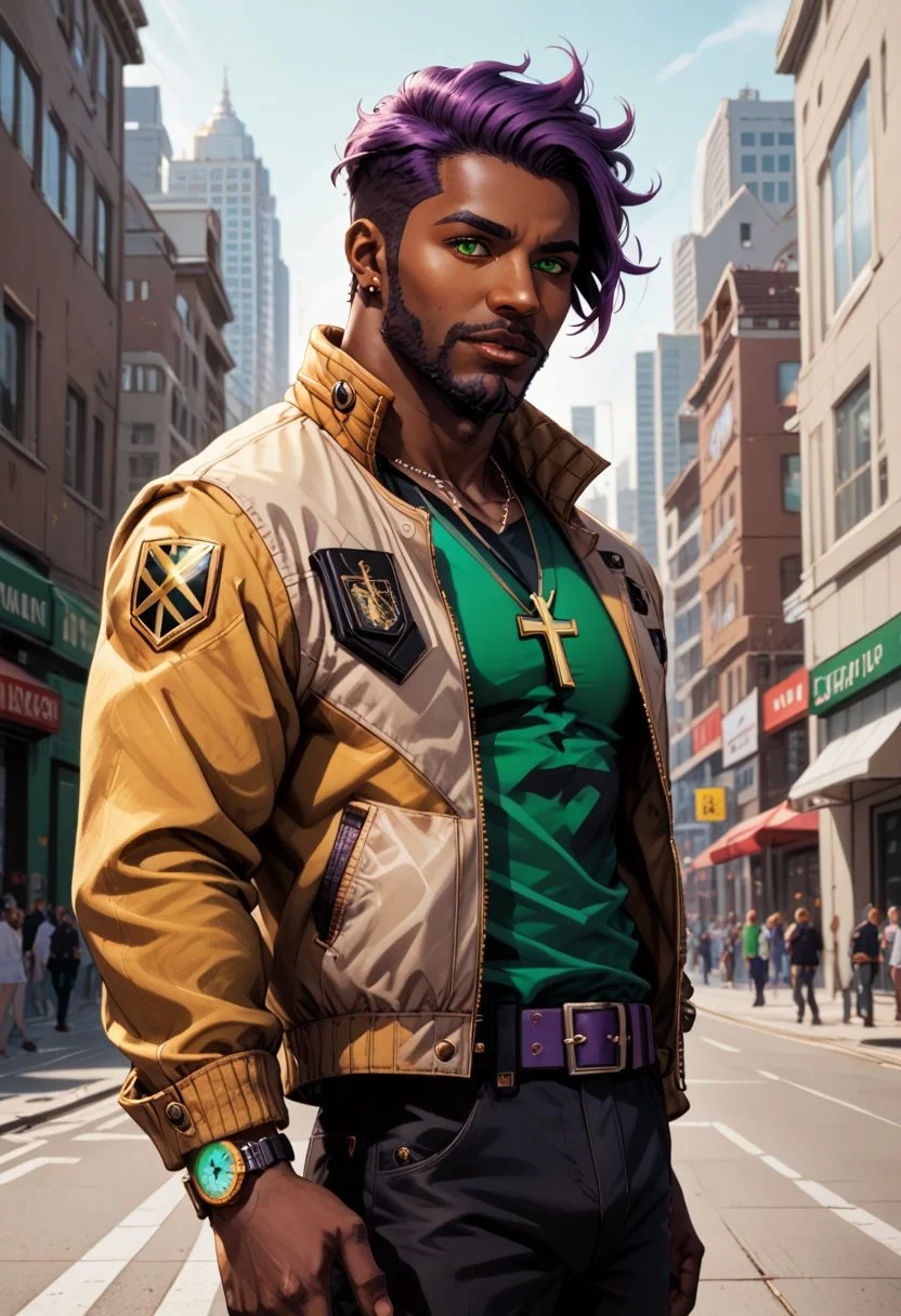 Animated Nightmare Style, 1boy, beard, belt, black pants, brown jacket, building, city, cross, cross necklace, dark skin, dark-skinned male, earrings, facial hair, glowing, goatee, green belt, green eyes, green shirt, jacket, jewelry, looking at viewer, male focus, multicolored jacket, necklace, open clothes, open jacket, outdoors, pants, purple hair, shirt, short hair, solo, undercut, watch, wristwatch, yellow jacket, BREAK PonyXLV6_Scores