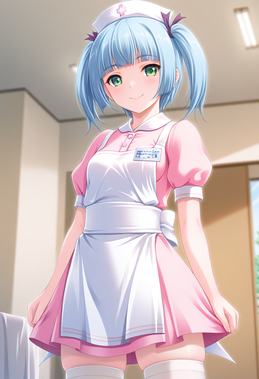 masterpiece, best quality, amazing quality, 1girl, solo, cowboy shot, tomokaww, green eyes, blue hair, short hair, blunt bangs, twintails, purple hair ribbon, small breasts, nurse, white nurse cap, pink dress, puffy short sleeves, name tag, white apron, looking at viewer, smile, indoors, day, skindentation, detailed clothing folds, depth of field, sharp, high contrast, dynamic light <lora:Minato_Tomoka_Hatsujou_Otome_ill:0.9>