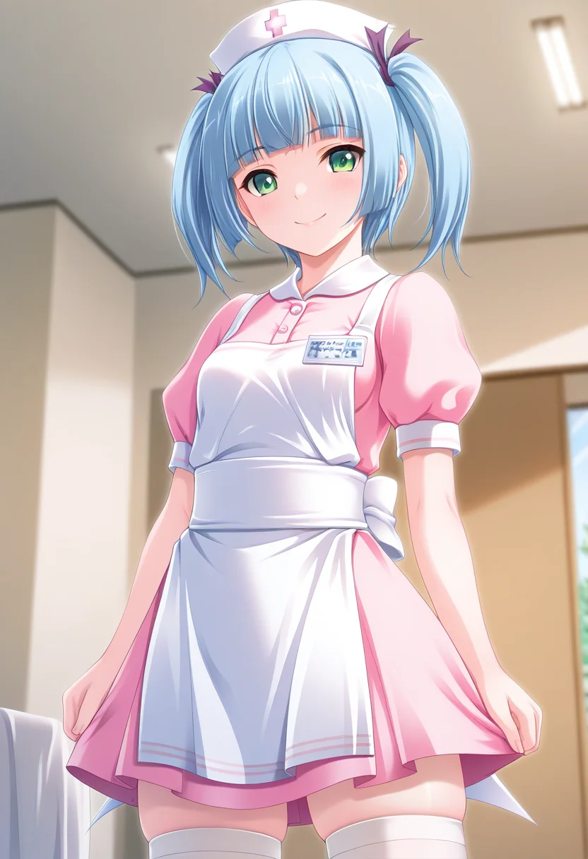 masterpiece, best quality, amazing quality, 1girl, solo, cowboy shot, tomokaww, green eyes, blue hair, short hair, blunt bangs, twintails, purple hair ribbon, small breasts, nurse, white nurse cap, pink dress, puffy short sleeves, name tag, white apron, looking at viewer, smile, indoors, day, skindentation, detailed clothing folds, depth of field, sharp, high contrast, dynamic light <lora:Minato_Tomoka_Hatsujou_Otome_ill:0.9>