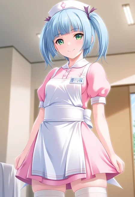 masterpiece, best quality, amazing quality, 1girl, solo, cowboy shot, tomokaww, green eyes, blue hair, short hair, blunt bangs, twintails, purple hair ribbon, small breasts, nurse, white nurse cap, pink dress, puffy short sleeves, name tag, white apron, looking at viewer, smile, indoors, day, skindentation, detailed clothing folds, depth of field, sharp, high contrast, dynamic light <lora:Minato_Tomoka_Hatsujou_Otome_ill:0.9>