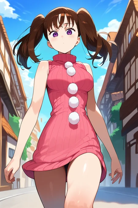 score_9, score_8_up, score_7_up,diane,1girl,purple eyes, brown hair, twintails, pink sweater dress, short dress,sleeveless, pom pom \(clothes\), walking, town,outdoors,medium breasts, (from below:0.8) <lora:DianePony:1>