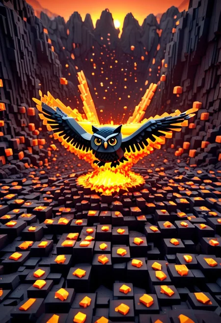 lazypos, flying bird owl in voxelized world, voxel explosion in background, funny theme, 4k, lava everywhere, cute, chibi, awww, funny theme, witty
