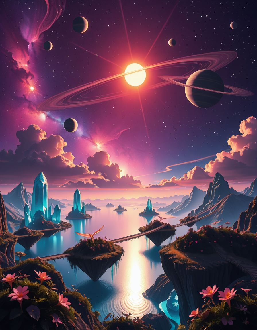 A breathtaking, high-resolution photograph of a celestial paradiseâa stunning, habitable planet floating in the vastness of space. The sky is a mesmerizing blend of deep purples, blues, and pinks, illuminated by twin suns casting golden light over the landscape. Towering crystal mountains shimmer in the distance, reflecting the vibrant hues of the nebula-filled sky. A vast, glowing ocean stretches across the horizon, its surface gently rippling with bioluminescent waves. Floating islands covered in lush, alien vegetation hover above the water, connected by natural bridges of luminescent vines. Exotic, radiant flowers bloom in every color imaginable, while gentle, ethereal creatures with translucent wings glide through the air. In the sky, a massive ringed gas giant looms majestically, its swirling clouds casting soft shadows over the dreamlike terrain. The air shimmers with floating particles of light, creating a surreal, otherworldly ambiance. The entire scene feels like a cosmic utopiaâtranquil, awe-inspiring, and untouched by time.
<lora:SDXLFaeTastic2400:0.4> <lora:extremely_detailed:0.4> extremely detailed,Celestial p4r4d1s3, <lora:Celestial_p4r4d1s3-i:1>, Masterpiece,best quality,hi res,8k,hi res,8k,award winning,(sharp focus, intricate, highly detailed),