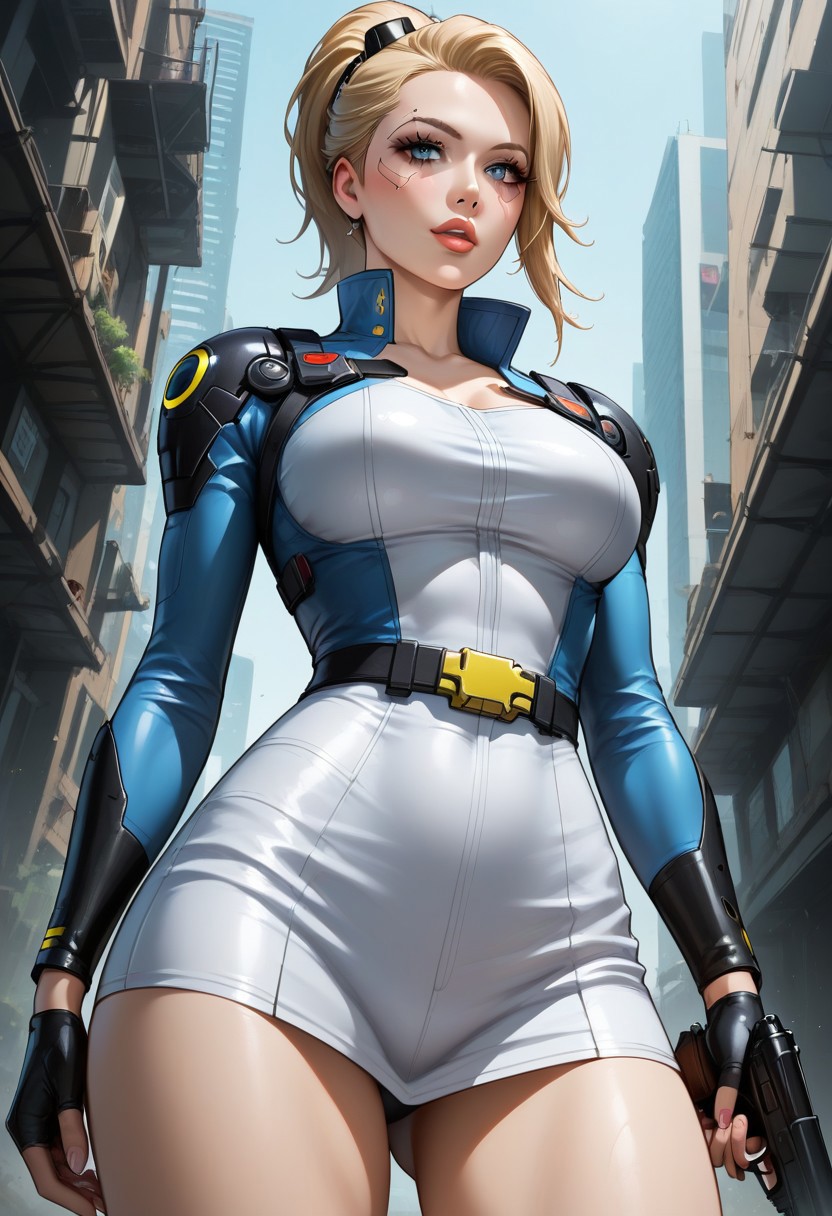 woman in cyberpunk era, young, fallout series soldier, cartoon, anime, slim, fit and slender figure, firm breasts, she is a villain standing above viewer, view from below, aiming gun at me, blonde ponytail hair, alluring makeup, captivating blue eyes, an upturned nose, a delicate jawline, parted pouty full lips, slutty uniform,