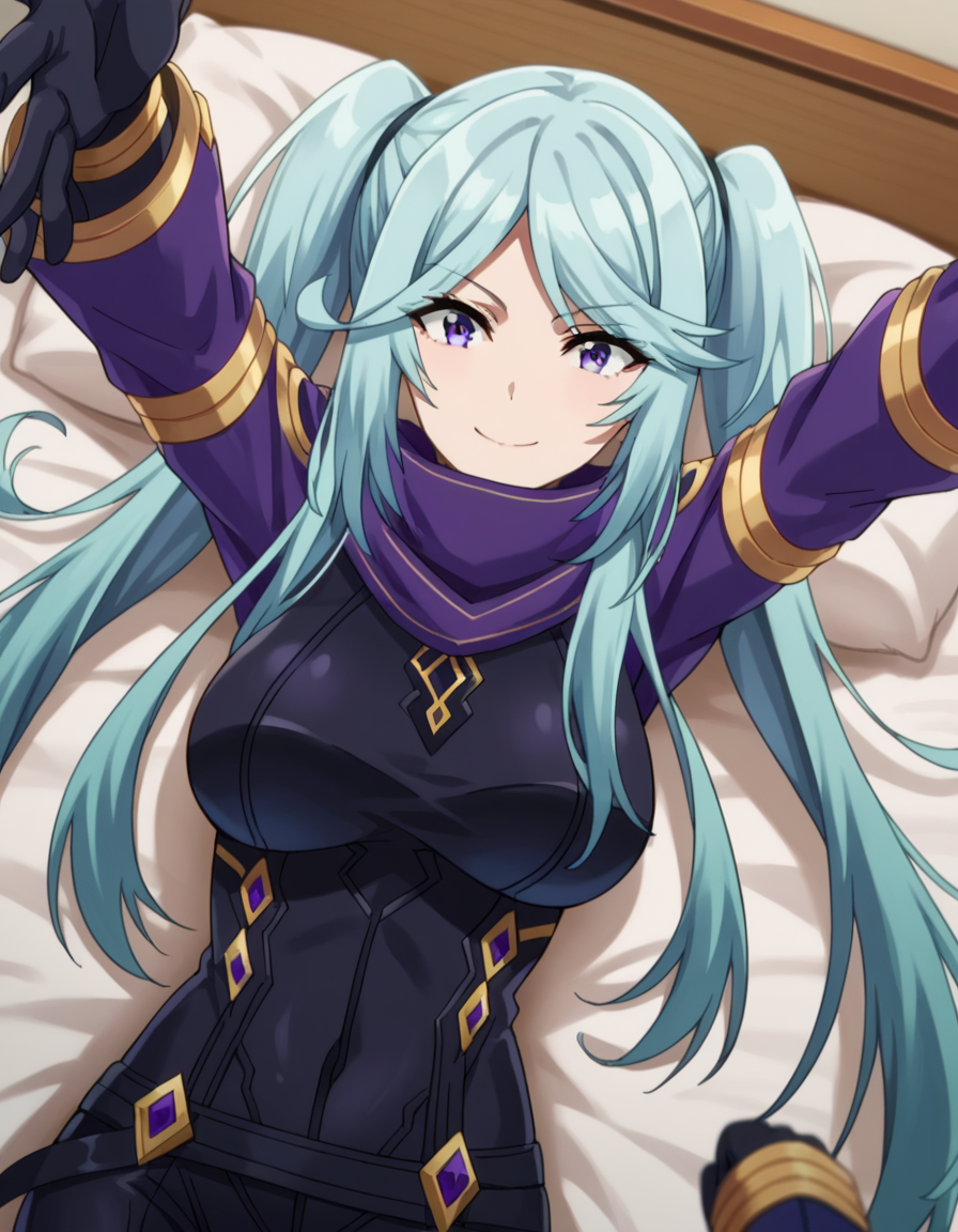 score_9, score_8_up, score_7_up, source_anime,
shadowepsilon, <lora:shadow-epsilon-ponyxl-lora-nochekaiser:1>,
epsilon, long hair, twintails, blue hair, purple eyes, sidelocks, smile,
bodysuit, scarf, purple scarf, gloves, black gloves,
indoors, bed, bed room, on back, arm support, arms up, incoming hug, pov, reaching, reaching towards viewer,
looking at viewer, cowboy shot, dutch angle,