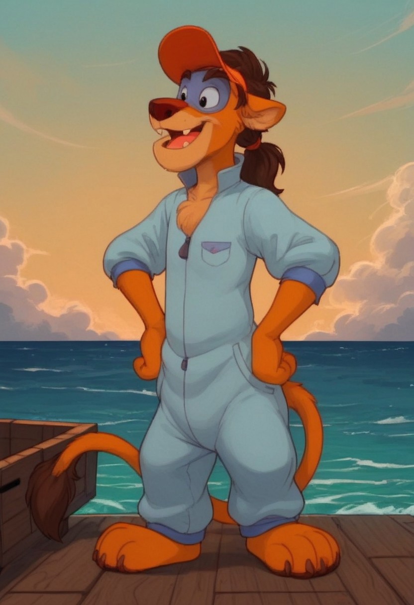 score_7, score_8, score_9, dynamic lighting, detailed background, background is ship dock, dock, (stacked crates), ((ocean)), boats, mountains in distance, ((outdoors)), clouds, sunny, (close up), cowboy shot,
BREAK 
Solo, 1boy, ((anthropomorphic)), furry male, Wildcat, yellow fur, two tone fur, brown hair, hair in ponytail, animal nose, black eyes, slender, animal ears, yellow ears, (yellow tail), feet claws, snaggle tooth, (mask), fluffy fur, fluffy eyebrows, (fang), chest fur tuft,
BREAK 
standing, ((laughing)), jumpsuit, hat, hands on hips,