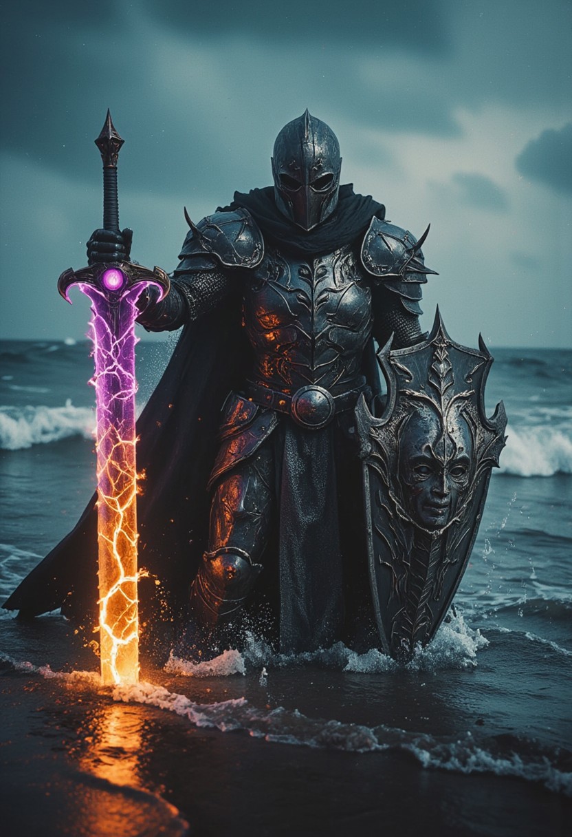 Upper body shot of a dark, menacing mechanical hkstyle knight in the heat of an intense, action-packed battle, captured with the gritty realism of an old analog camera. The hkstyle knight's intricately designed, battle-worn helmet reflects the eerie glow of his weapon—a massive, twisted sword. The blade crackles with dark energy, gathering ominously at its tip, where a glowing orb of dark purple and translucent Amber light pulses with immense, destructive power. The energy radiates along the length of the blade, casting a sinister glow that illuminates the knight’s helmet and armor, creating stark contrasts between light and deep shadows.
In his other hand, the knight wields a terrifying shield, adorned with jagged, twisted patterns and a ghastly visage that seems to stare into the souls of his enemies. The shield emanates a sense of foreboding, as if cursed by dark magic, adding to the overall terror of his presence. The glow from the sword throws the intricate details of the shield into sharp relief, casting long shadows that flicker across the chaotic ocean battlefield amidst Large Crystal blue waves,