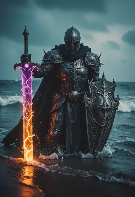Upper body shot of a dark, menacing mechanical hkstyle knight in the heat of an intense, action-packed battle, captured with the gritty realism of an old analog camera. The hkstyle knight's intricately designed, battle-worn helmet reflects the eerie glow of his weapon—a massive, twisted sword. The blade crackles with dark energy, gathering ominously at its tip, where a glowing orb of dark purple and translucent Amber light pulses with immense, destructive power. The energy radiates along the length of the blade, casting a sinister glow that illuminates the knight’s helmet and armor, creating stark contrasts between light and deep shadows.
In his other hand, the knight wields a terrifying shield, adorned with jagged, twisted patterns and a ghastly visage that seems to stare into the souls of his enemies. The shield emanates a sense of foreboding, as if cursed by dark magic, adding to the overall terror of his presence. The glow from the sword throws the intricate details of the shield into sharp relief, casting long shadows that flicker across the chaotic ocean battlefield amidst Large Crystal blue waves,