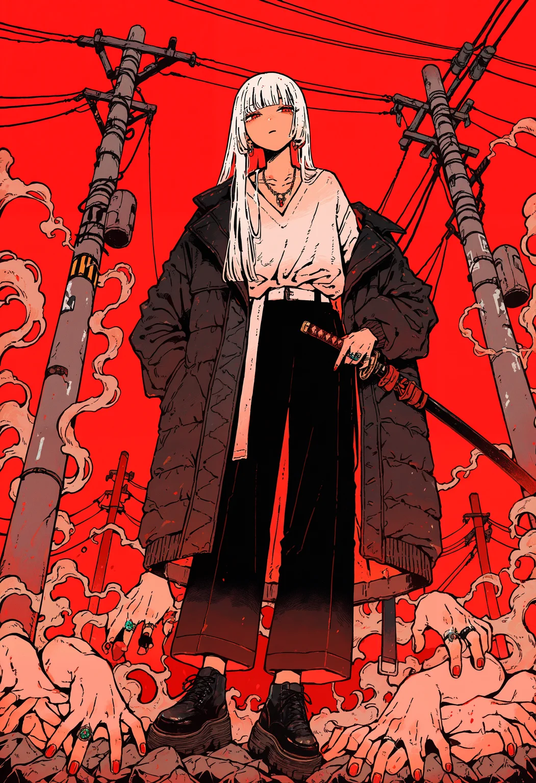 masterpiece, absurdres, newest, very awa, kou \(tamagosan1001\),   1girl, solo, white hair, straight hair, very long hair, hime cut, red eyes, low cut shirt, loose shirt, v-neck, long coat, black coat, black pants, wide pants, necklace, rings, black footwear, sheathe, sheathed sword, utility pole, pile of hands, smoke, from below, dutch angle, face focus, detailed face, red background,   <lora:spo_sdxl_10ep_4k-data_lora_webui>,  <lora:TA_trained:0.35>,  <lora:NOOB_EPSv1_1_detailer_by_vlnvk_v0_5>,  <lora:kou_tamagosan1001_NAI:0.8>