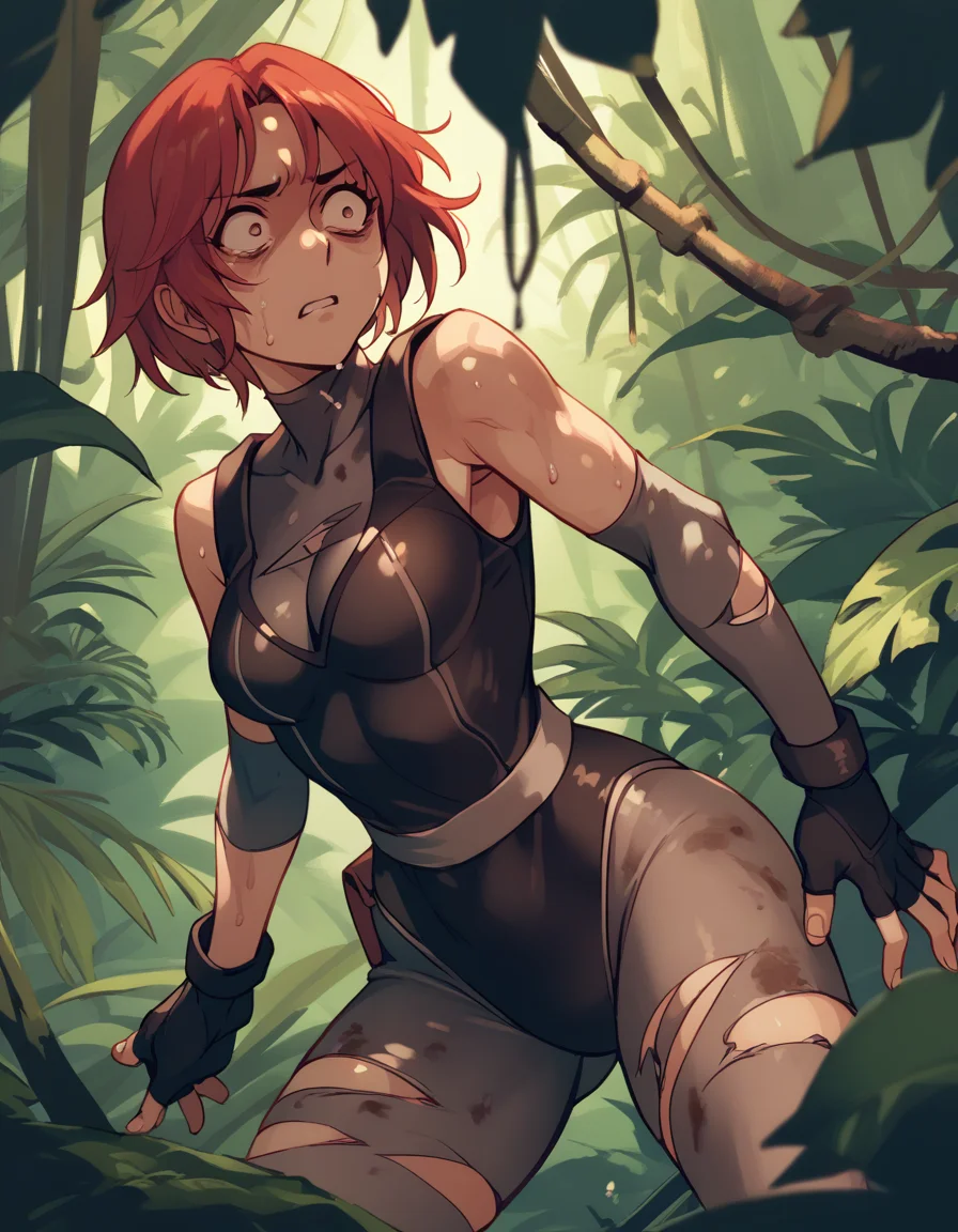 <lora:regina-dc-ponyxl-000050:1> regina, bodysuit under clothes, fingerless gloves, leotard, detached sleeves,
torn clothes, defeat, constricted pupils, shadow, sweat, jungle, score_9, score_8_up, score_7_up, score_6_up, score_5_up, score_4_up