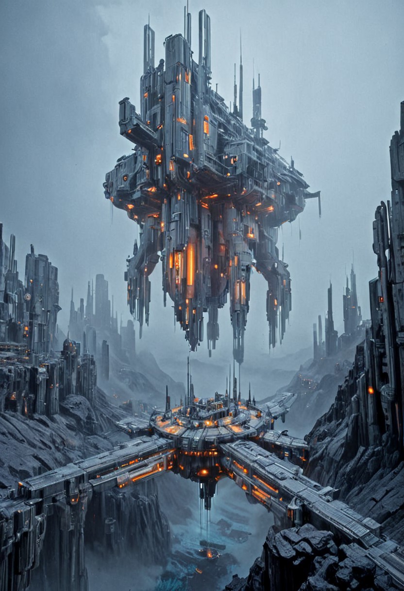 h0rr0rstyl3, CosmicStyle,  futuristic megastructure, hovering city, sci-fi fortress, massive floating platform, alien landscape, cyberpunk architecture, industrial science fiction, dark rocky terrain, advanced technology, monumental structure, atmospheric mist, hovering above canyon, vertical sci-fi towers, dystopian environment, metallic textures, cold color palette, dramatic perspective, glowing orange lights, high-tech civilization, surreal sci-fi world, mechanical infrastructure, colossal scale, eerie futuristic mood, alien planet setting, futuristic defense outpost, heavy machinery, floating sci-fi architecture, otherworldly engineering, robotic design, science fiction scenery